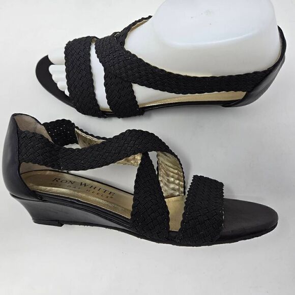 RON WHITE ALL DAY HEELS STRAPPY SUMMER BRAID WEAVE BLACK WEDGE WOMENS 37 US 6.5 - Picture 1 of 8